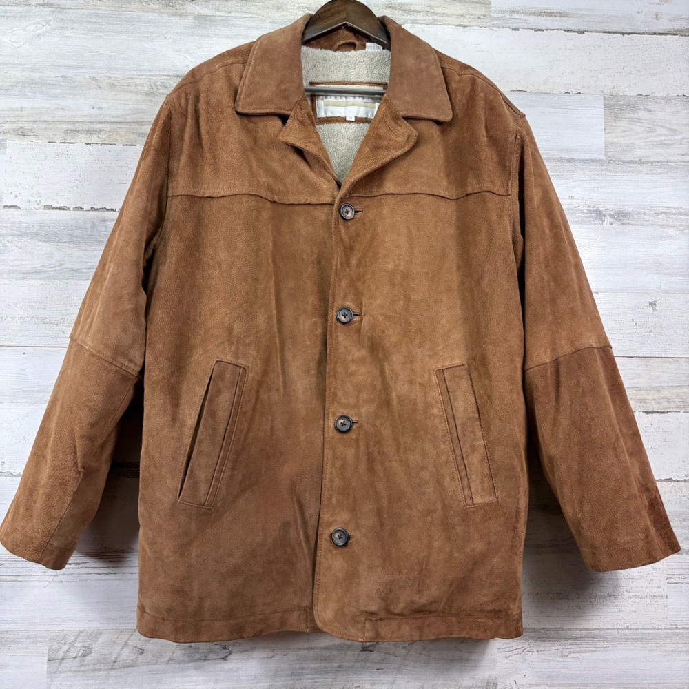 Perry Ellis Suede Jacket Men M Brown Button Front Shearling Lined Granola Grunge